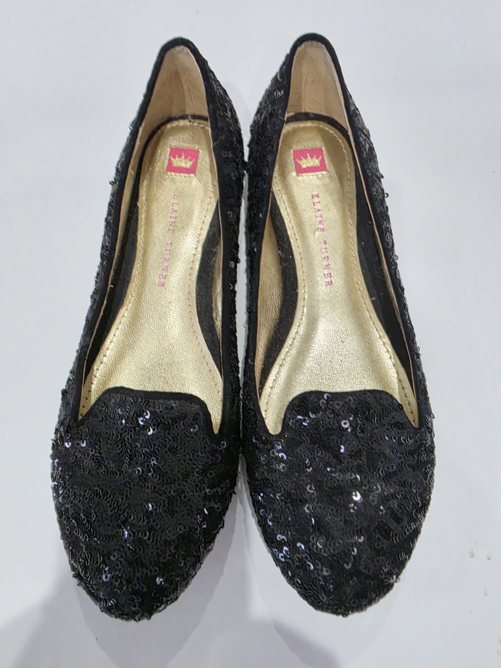 Elaine TURNER SIZE 7.5 SEQUENCE BLACK FLATS Glam Quiet Luxury Leather Sole